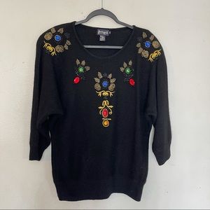 80s Vintage Bejeweled Sweater Silk Rabbit Hair Wool Blend Size 38
